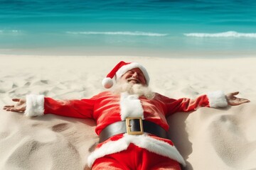 Obraz premium Santa Claus is lying on a sandy beach on the seashore. Sunny day, blue sky.