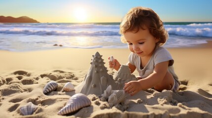A small child with curly hair and a smile on his face builds a sand castle from shells against the backdrop of the sea and the setting sun