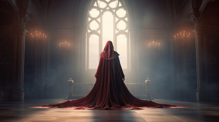 A mysterious woman in a dark cloak stands alone in an ancient castle, facing the window, view from the back. - obrazy, fototapety, plakaty
