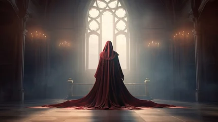 Papier Peint photo Vieil immeuble A mysterious woman in a dark cloak stands alone in an ancient castle, facing the window, view from the back.