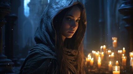 A beautiful woman with long dark hair wearing a hooded cloak on her head, her face illuminated by the flickering flames of candles in a temple in the background. - obrazy, fototapety, plakaty