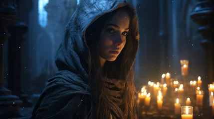 Deurstickers A beautiful woman with long dark hair wearing a hooded cloak on her head, her face illuminated by the flickering flames of candles in a temple in the background. © ProPhotos