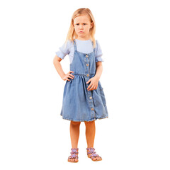 Child, portrait and sad or angry for negative mood or fail news, feedback or isolated on transparent png background. Female person, face and unhappy emoji for tantrum, bad behavior review or problem