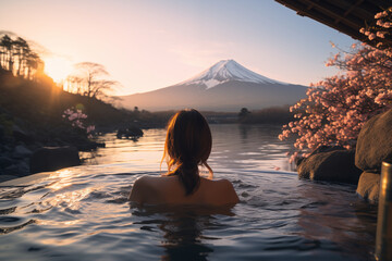 Rear view of woman enjoy onsen in the morning and seeing view of Fuji mountain in japan - obrazy, fototapety, plakaty