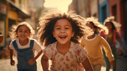 Activity children compete in the summer city street