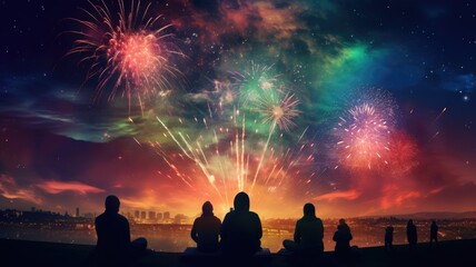 Fototapeta na wymiar Firework explosion in the night sky celebrating happy new year 2024 . National firework shooting in the beautiful sky for a new year day of year 2024 .