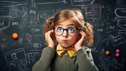Little schoolgirl in glasses with blond hair holding her head with two hands against the background of a blackboard