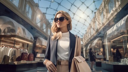 Fototapeta premium Portrait of a blonde woman in sunglasses walking down the street with shopping bags, shops in the background