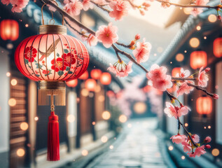 Naklejka premium Chinese New Year a red lantern amidst cherry blossoms, capturing the essence of tranquility and cultural beauty.