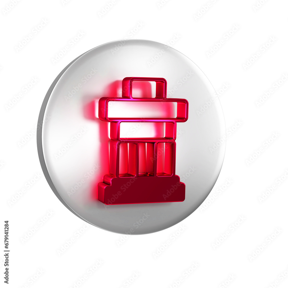 Poster red inukshuk icon isolated on transparent background. silver circle button.