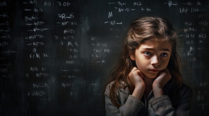 A little girl with long dark hair, her hands clenched near her face, stands at a blackboard and looks to the side
