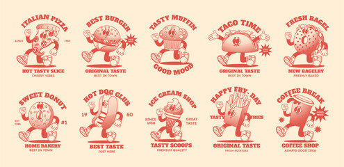 Cartoon mascot fast food. Comic 70s mascot contour character. Groovy logo fries, hamburger, donut, coffee and walking tacos. Retro fun meal with face, hands and leg vector set