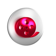 Red Film reel icon isolated on transparent background. Silver circle button.