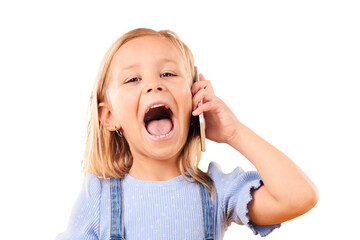 Child, smile and phone call in portrait, communication and speaking on smartphone, chat and talk....