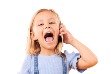 Child, smile and phone call in portrait, communication and speaking on smartphone, chat and talk. Female person, girl and connection or laugh, conversation and isolated on transparent png background