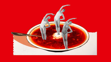 Three young women in swimsuit standing in plate with red-beet-soup, borsch against red background....