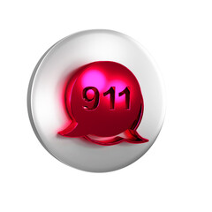 Red Telephone with emergency call 911 icon isolated on transparent background. Police, ambulance, fire department, call, phone. Silver circle button.