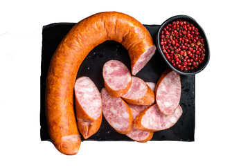 Smoked sausage on a marble board. Transparent background. Isolated.