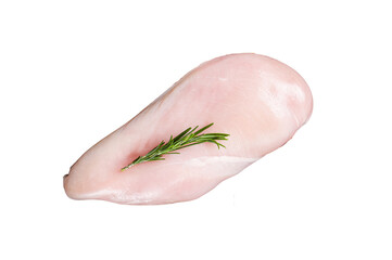 Raw chicken breast fillet on a wooden board with rosemary and garlic, poultry meat.  Transparent background. Isolated.