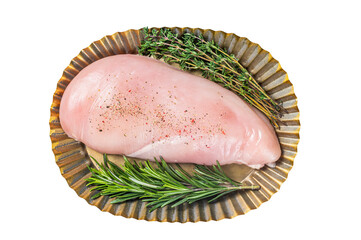 Uncooked Raw chicken breast fillet, fowl meat with herbs.  Transparent background. Isolated.