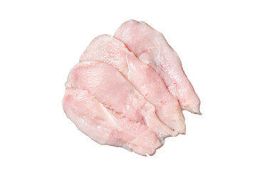 Raw sliced chicken breast fillet steaks in a steel tray, fowl meat.  Transparent background....