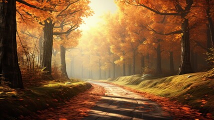 Country road through autumn forest with yellow and red leaves, flanked by large, beautiful trees
