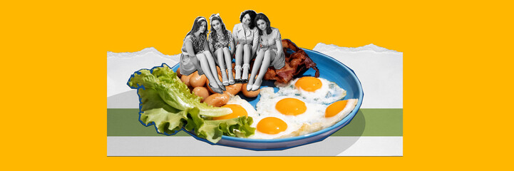Elegant young women in retro clothes sitting on plate with fried eggs over orange background. Breakfast. Contemporary art collage. Concept of food, creativity, imagination, surrealism, pop art style