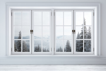 White window with winter forest landscape view.