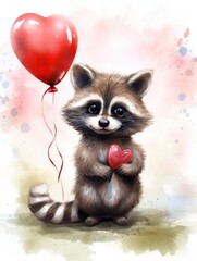Fototapeta na wymiar Adorable watercolor raccoon painting with a heart balloon