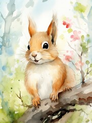 Watercolor squirrel on a background of green foliage.
