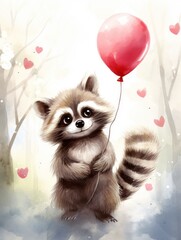 Fototapeta na wymiar Watercolor drawing of an adorable raccoon with a heart balloon