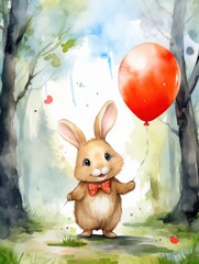 Watercolor drawing of a bunny with a balloon