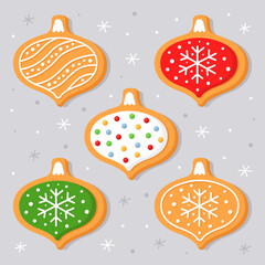 New Year's gingerbread in the shape of the christmas balls. Homemade Christmas cookies with sweet sugar glaze. Cute cartoon illustrations for Christmas cards, banners, posters. Christmas toys