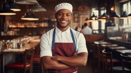 Close up portrait of smiling guy waiter in white shirt and apron looking at camera. Concept...