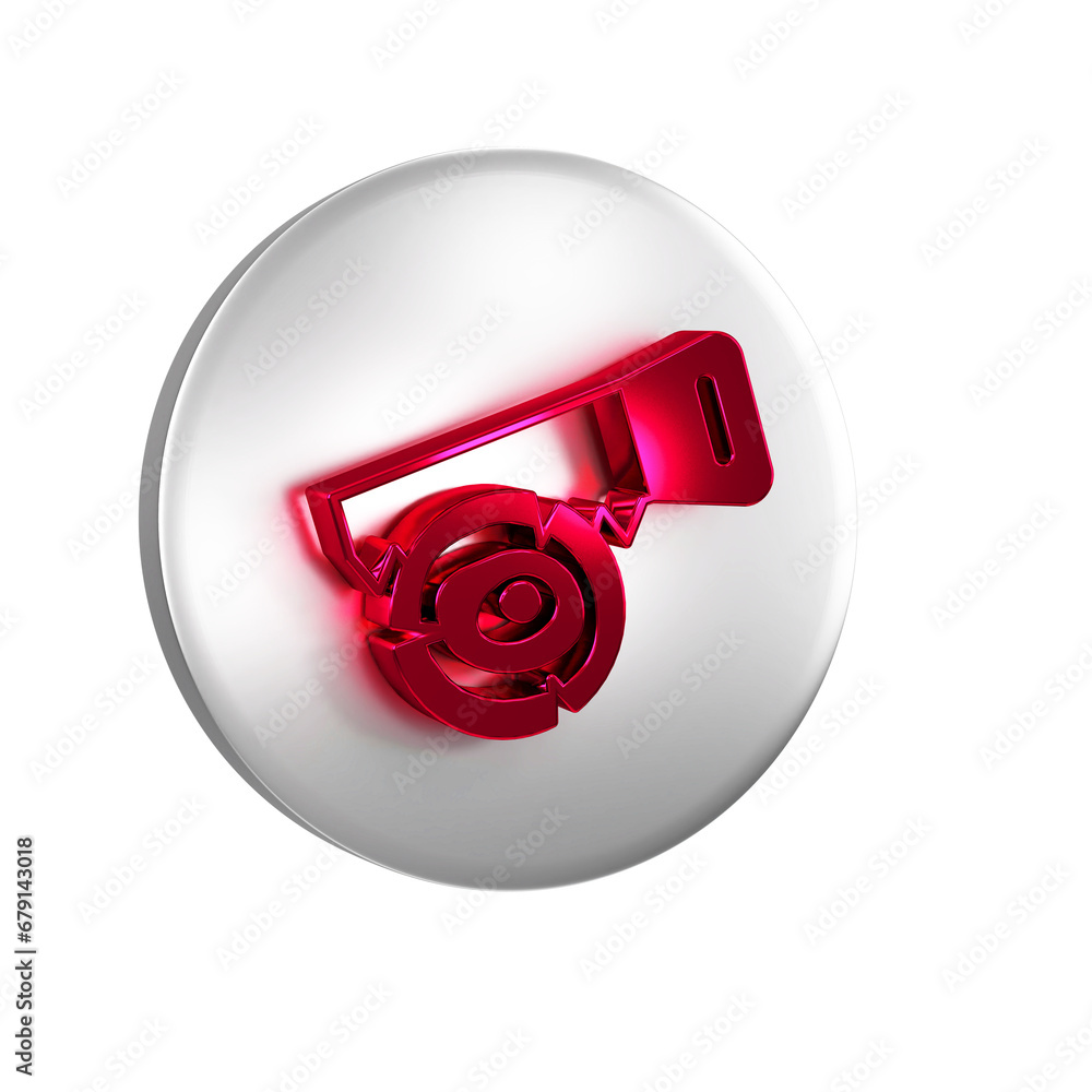 Poster red hand saw and log icon isolated on transparent background. silver circle button.