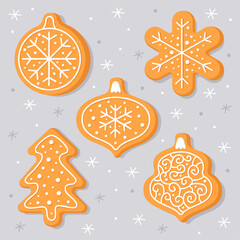 Obraz na płótnie Canvas New Year's gingerbread. Christmas tree, snowflake, christmas balls. Homemade Christmas cookies with white sweet sugar glaze. Cute cartoon illustrations for Christmas cards, banners, posters.