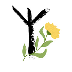 Algiz Rune. Hand Drawn Wax Chalk Texture, Mystical, Esoteric, Occult, Magic Glyphs with Floral, Flower
