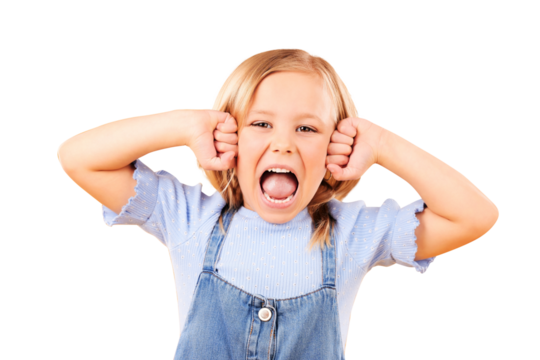 Portrait, girl and child with anger, screaming or emoji with emotion on a isolated on transparent png background. Face, kid and stress, frustrated and shouting, sad facial expression and conflict