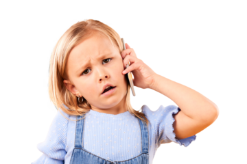 Isolated girl kid, portrait and phone call with confused, talking or question by transparent png background. Child, smartphone and face for conversation, listening and communication on mobile network