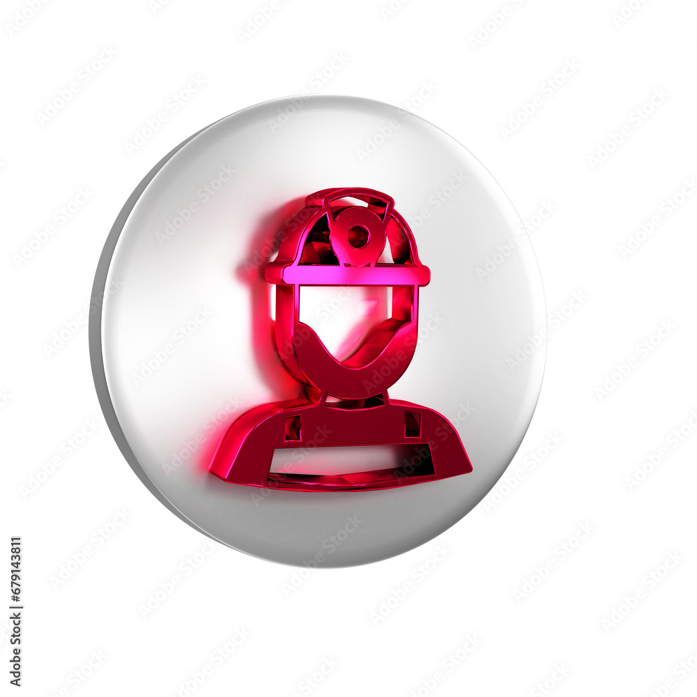 Poster red miner in a helmet icon isolated on transparent background. silver circle button.