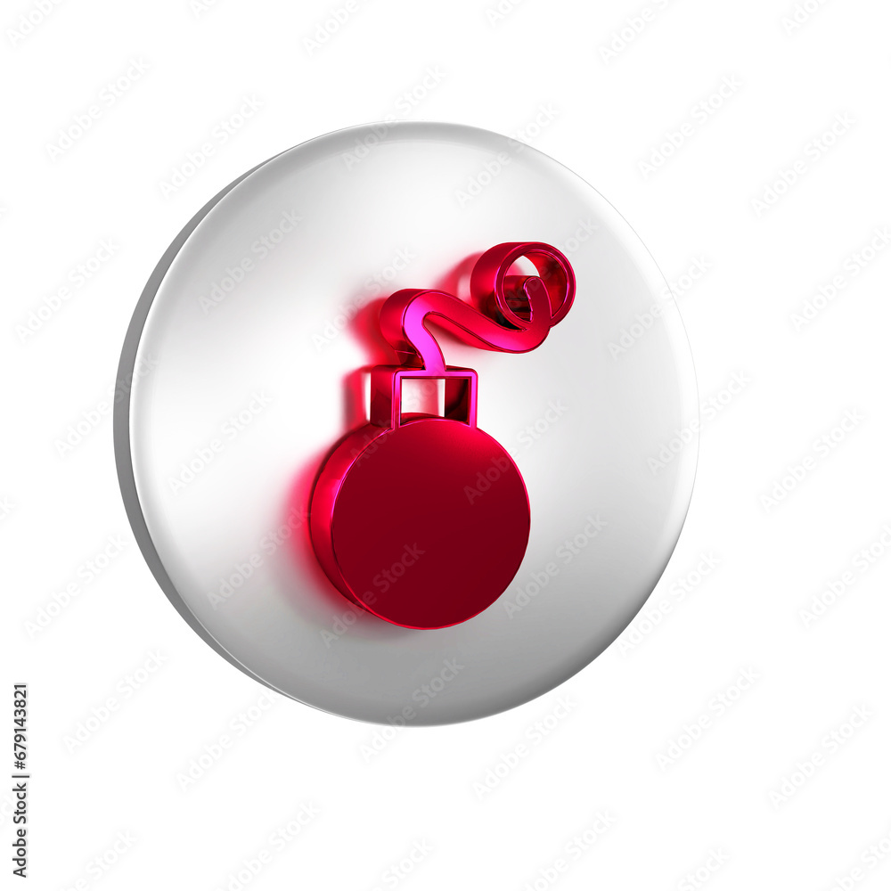 Poster red bomb ready to explode icon isolated on transparent background. silver circle button.