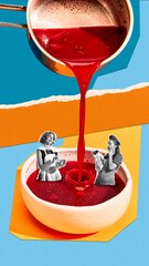 Young beautiful women, housewives standing in plater with delicious red-beet soup, borscht over colorful background. Contemporary art. Concept of food, creativity, imagination, surrealism, pop art