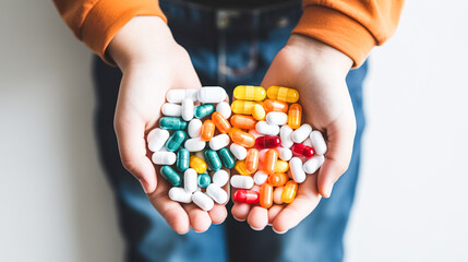 Obraz premium A woman holds in her hands bunch of Tablets, medical pills. Health and medicine, prevention and treatment of diseases