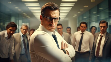 Obraz premium Standing executive in serious mood surrounded by male colleagues in office
