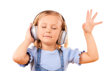 Headphones, dancing or child streaming music to relax for freedom isolated on png transparent...