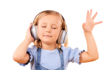 Headphones, dancing or child streaming music to relax for freedom isolated on png transparent background. Smile, face or happy girl listening to a radio song, sound or audio on online subscription