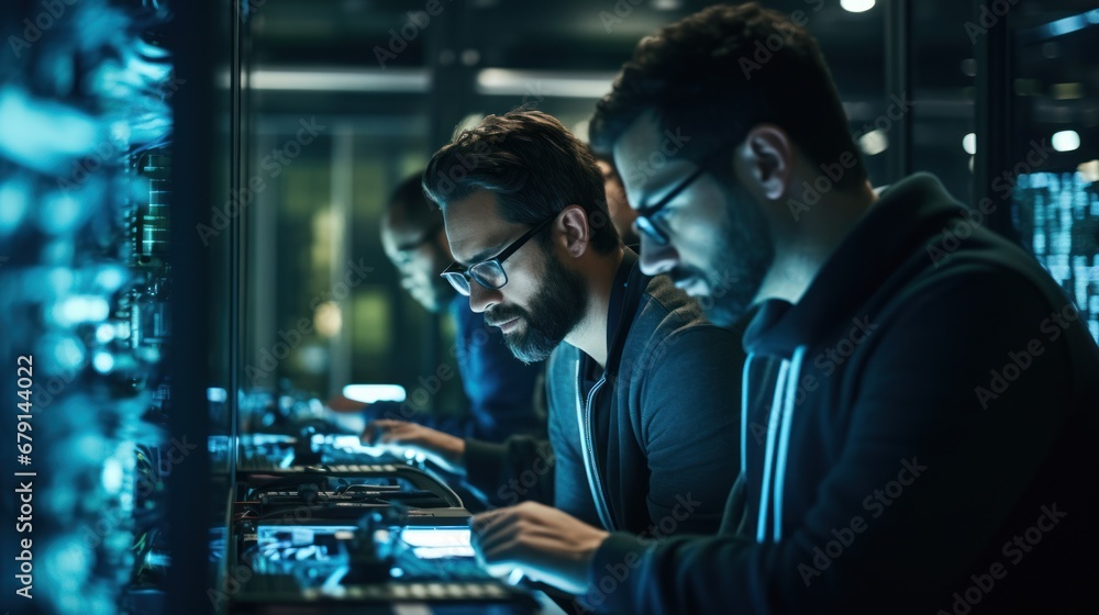 Wall mural a group of engineers in a technologically advanced data center work on laptops.