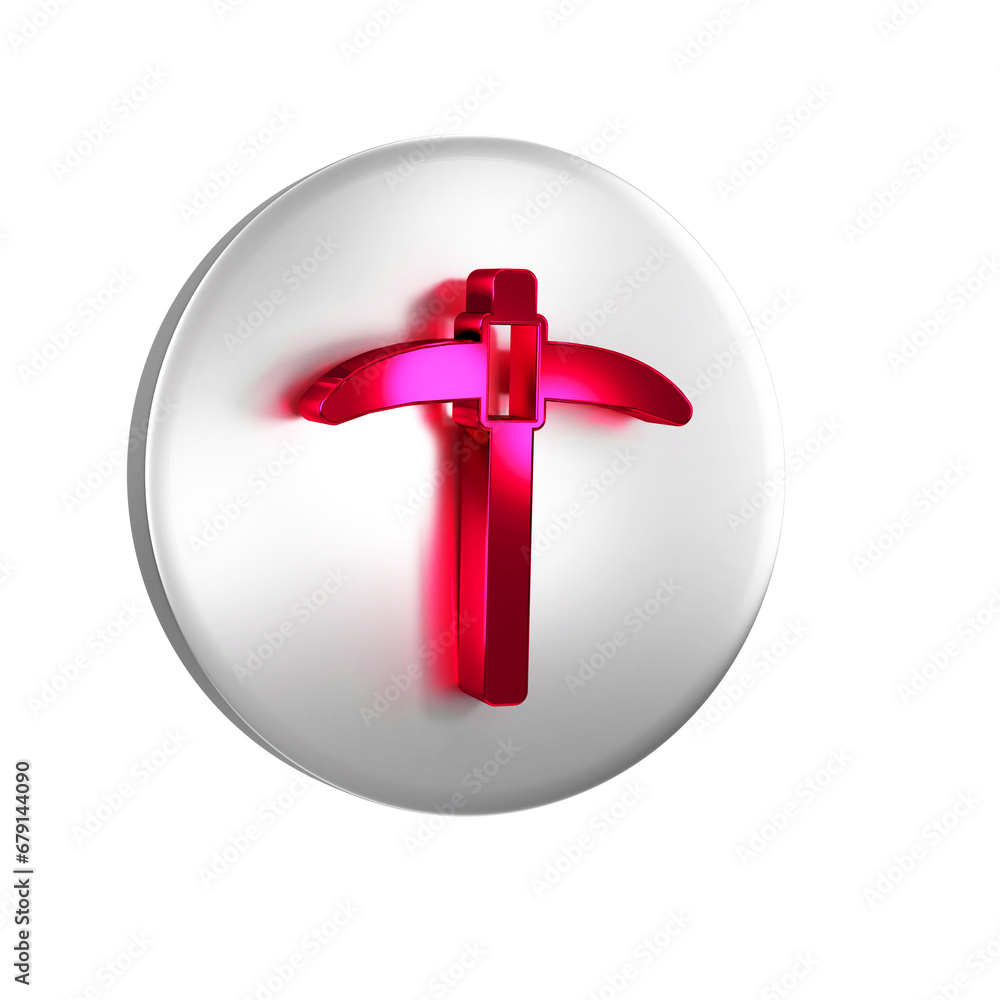 Poster Red Pickaxe icon isolated on transparent background. Silver circle button.