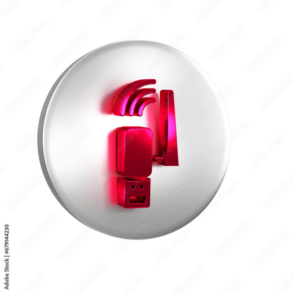 Poster red usb wireless adapter icon isolated on transparent background. silver circle button.