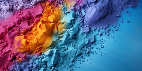 A blue backdrop has strewn colorful powder for shadows. Generative Ai. - obrazy, fototapety, plakaty